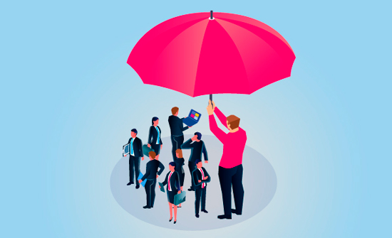 Illustration - Homme tenant un parapluie protégeant un groupe de personnes